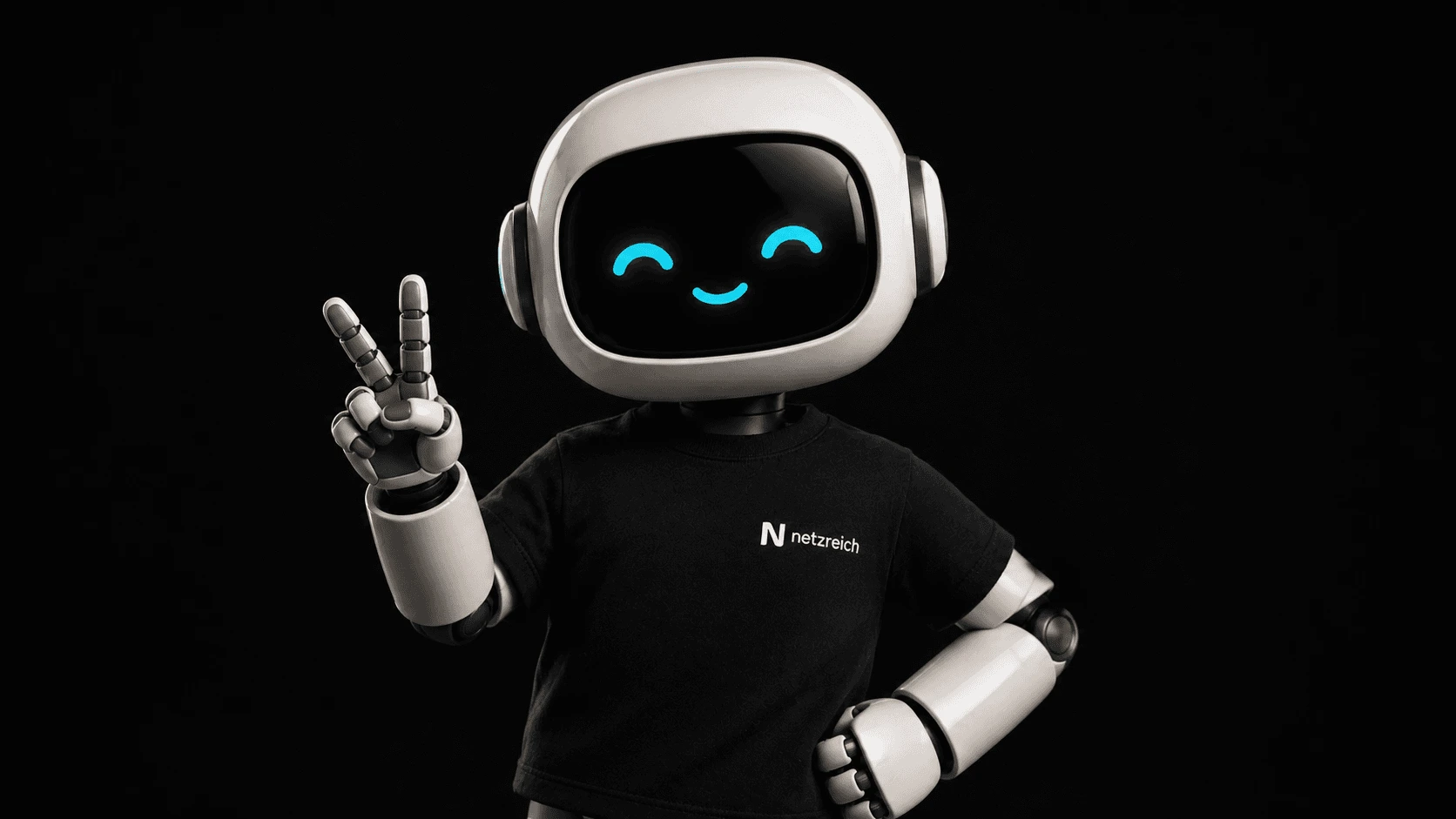 ORAKEL, der KI-Kollege von netzreich, als Roboter im netzreich-Shirt