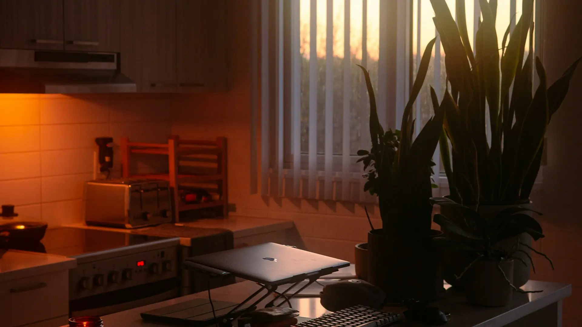 Moderne Küche mit warmem Gegenlicht am Abend